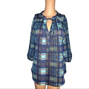 Plaid Print Bell Sleeve Shirt, Size S-M